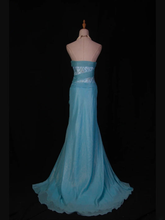 Retro 1950s Mermaid Strapless Blue Chiffon With Beads Lace Long Prom Dresses Inspo 22th Birthday Outfit Formal Gown AS366