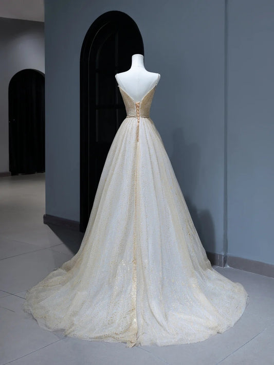 Modest Prom Dresses Aesthetic A Line Spaghetti Straps Gold Tulle Inspiration Style Impress Corset Fitted Long Party Formal Gown AS378
