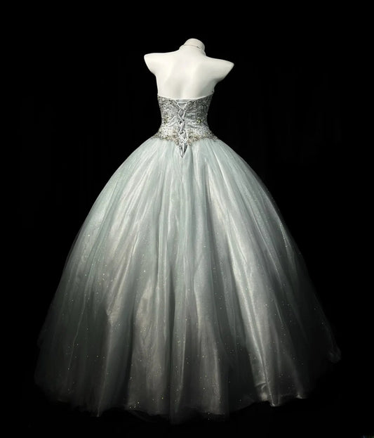 Charming Prom Dresses Ball Gown Sweetheart Silver Gray Tulle With Beading Night Evening Formal Outfits RB6203