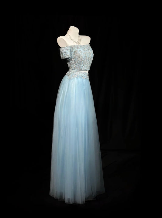 Vintage 2000s Prom Dresses A line Off The Shoulder 2 Pieces Blue Lace With Corset Fitted Long Party Formal Outfits RB6204