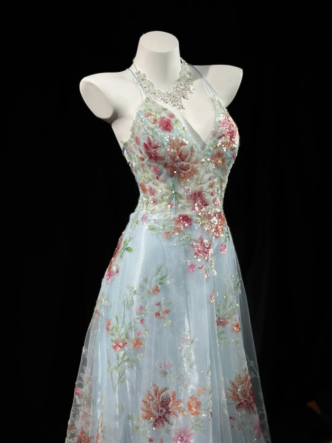 Vintage 2000s Prom Dresses A line Halter Light Sky Blue Lace With Backless Long Party Formal Outfits RB6209