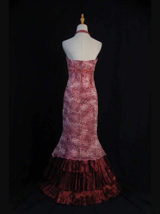 Retro 1950s Mermaid Halter Burgundy Taffeta With Beads Cape Tiered Long Prom Dresses Inspo 21st Birthday Outfit Formal Gown AS392