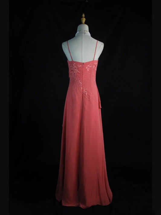 Robe de bal longue rose vintage années 80, coupe trapèze, bretelles spaghetti, perles, inspiration robe de soirée d'anniversaire AS399