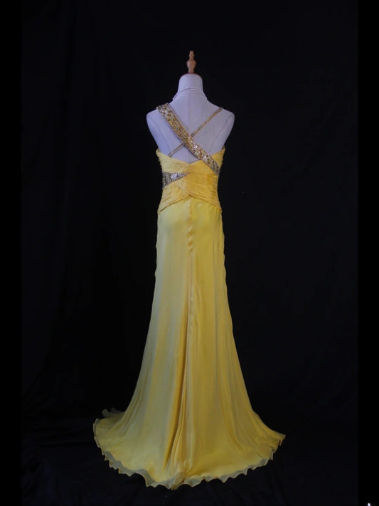 Retro 1950s Mermaid Irregular Straps Yellow Chiffon With Beads Ruffled Long Prom Dresses Inspo 21st Birthday Outfit Formal Gown AS405
