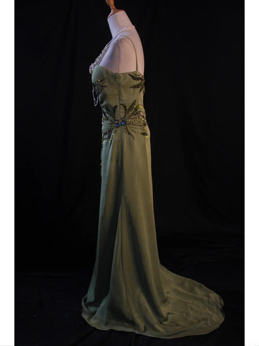 Retro 1950s A Line Spaghetti Straps Olive Green Chiffon With Beads Long Prom Dresses Inspo 21st Birthday Outfit Formal Gown AS412