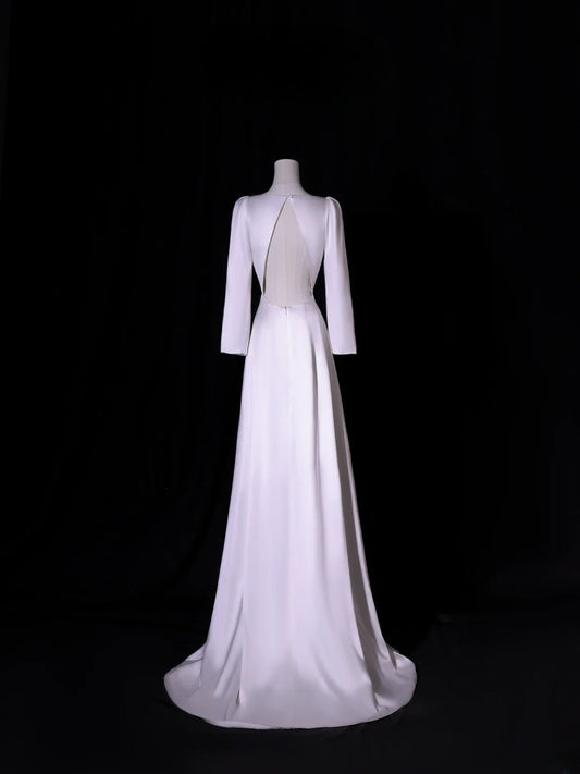 Simple Long Wedding Dresses A Line Square Neck Long Sleeves Silky Satin Style For Brides White Fitted Bridal Dresses AS413