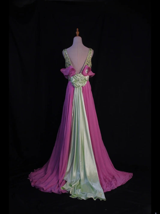 Robe longue vintage années 80, coupe trapèze, col en V, vert, mousseline rose, corsage orné de perles, inspiration robe de bal, tenue d'anniversaire, robe de soirée pour femme AS446