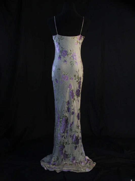 Robe de bal longue vintage sirène à fines bretelles, imprimé floral années 70 et perles, inspiration années 70, tenue de soirée pour femme (AS452)