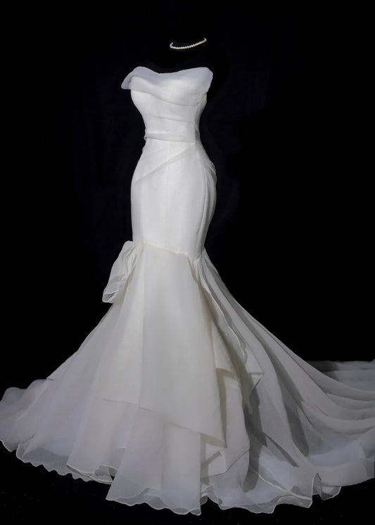 Modest Long Wedding Dresses Mermaid Strapless Chiffon Style for Bride With Pleated Bodice Train Bridal Dresses AS457
