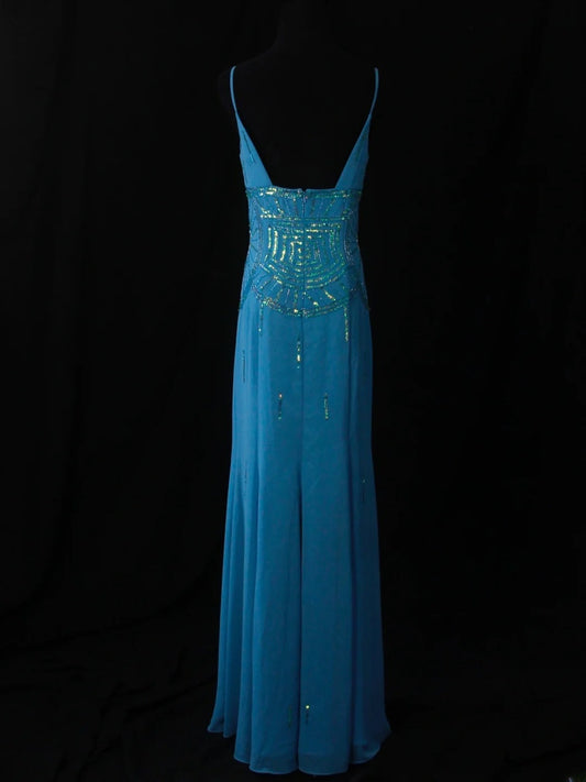 Robe de bal vintage sirène en mousseline bleu roi, col en V, style années 90, ornée de perles. Inspiration pour une tenue de soirée pour un 19e anniversaire (AS483).