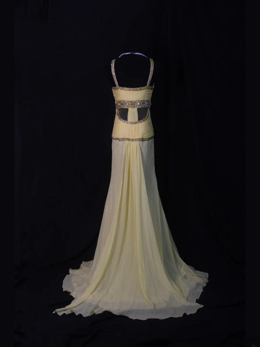 Retro 1950s Mermaid Straps Yellow Chiffon With Silver Beads Long Prom Dresses Inspo 22th Birthday Outfit Formal Dress AS500