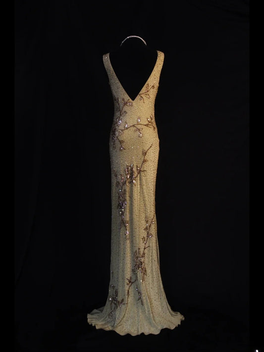 Robe de bal longue sirène vintage années 1950, col en V, sequins dorés et perles, inspiration années 1950, tenue de soirée pour un 18e anniversaire, AS502