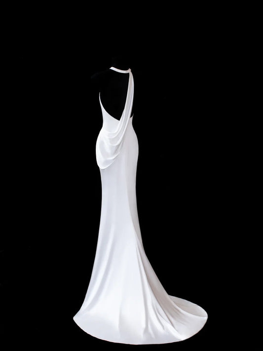 Timeless Women's Sheath Scoop Sleeveless White Satin With Backless Long Vintage Fitted 1920s Wedding Dresses AS586