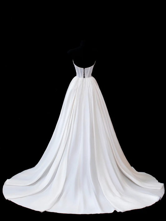 Timeless Women's Sheath Strapless Sleeveless White Satin With Slit Fitted Corset Appliques Long Vintage 1920s Wedding Dresses AS588