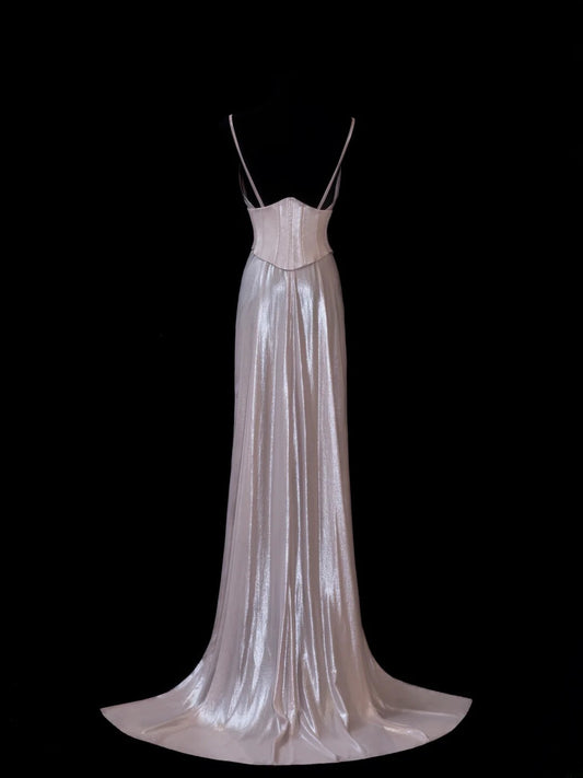Chic Formal Mermaid Spaghetti Strap Pink Satin With Slit Cape Style Impress Long Prom Dresses Party Gowns AS600