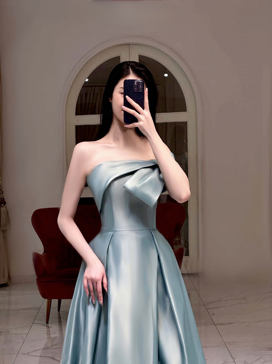 Elegant A Line Strapless Sleeveless Light Blue Satin Floor Length Prom Dress Inspiration Prom Dresses Graduation Dress AU001