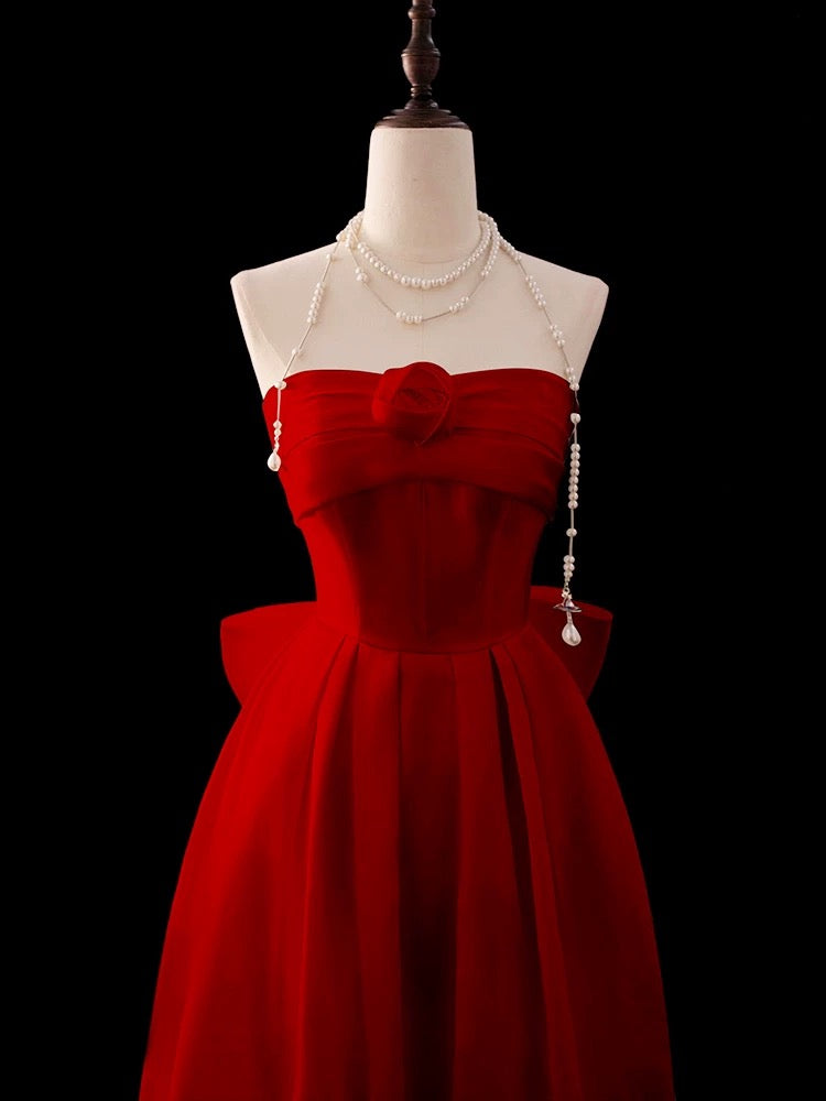 Modest A Line Strapless Red Chiffon With Flower Top Prom Dresses Long Party Dress 20th Birthday Outfits Graduation Dress AU001