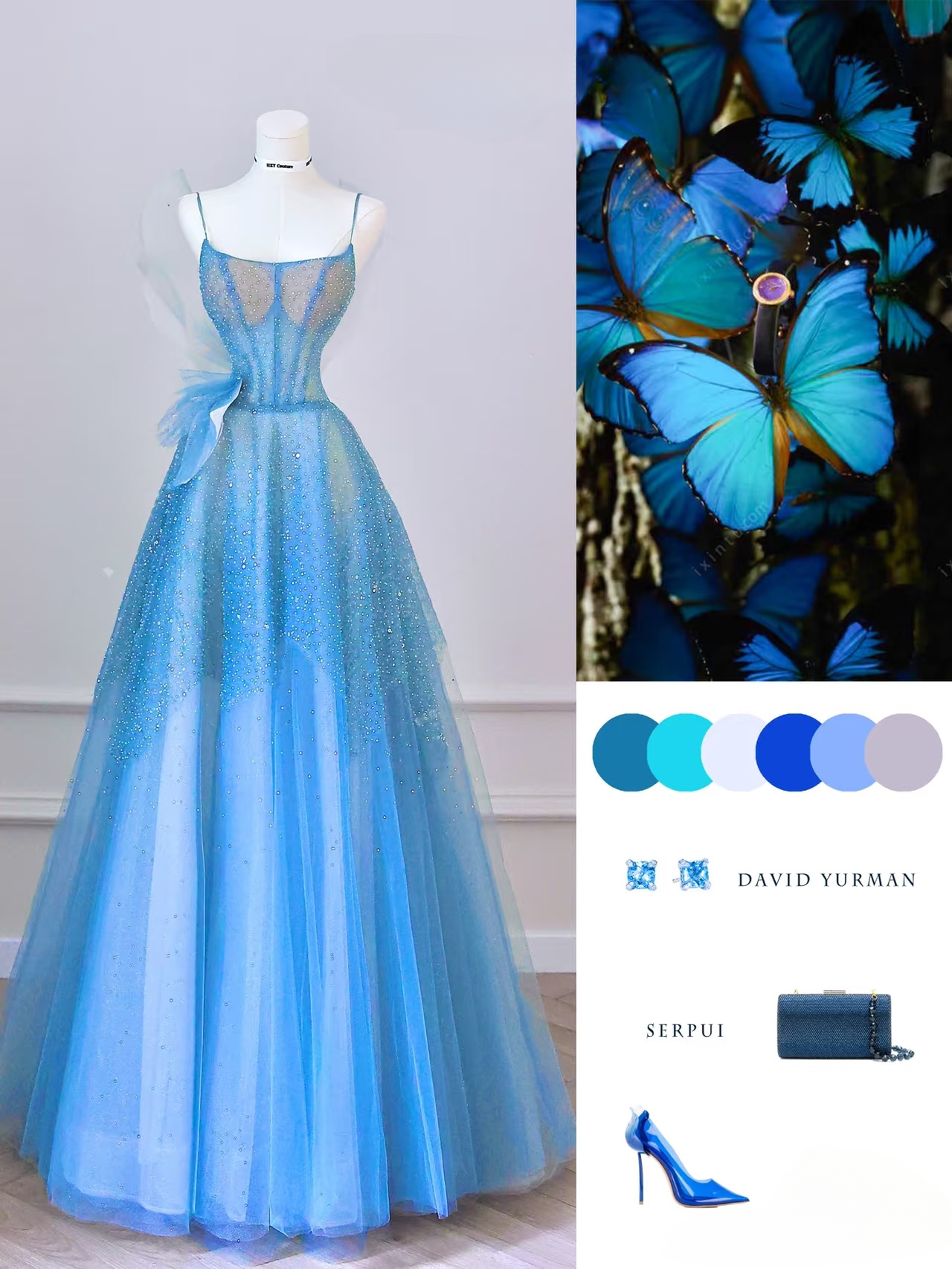 Robe de bal élégante à bretelles spaghetti sans manches en tulle bleu, longueur au sol, idées inspirantes pour une robe de bal de fin d'année, robe de remise de diplôme, AU014
