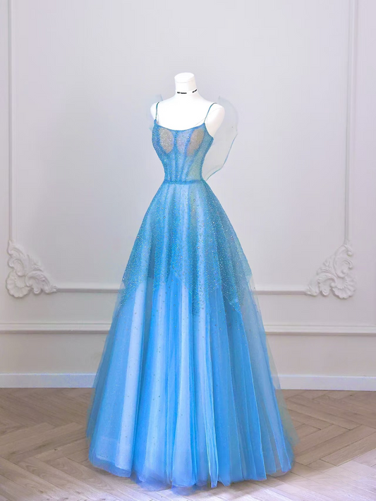 Elegant Ball Gown Spaghetti Straps Sleeveless Blue Tulle Floor Length Amazing Prom Dress Inspiration Ideas Prom Inspo Dresses Graduation Dress AU014