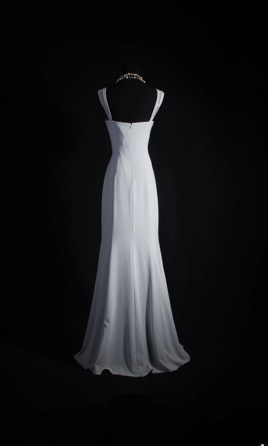 Robe de bal longue vintage sirène gris argenté, inspiration années 80, en satin, référence AU017