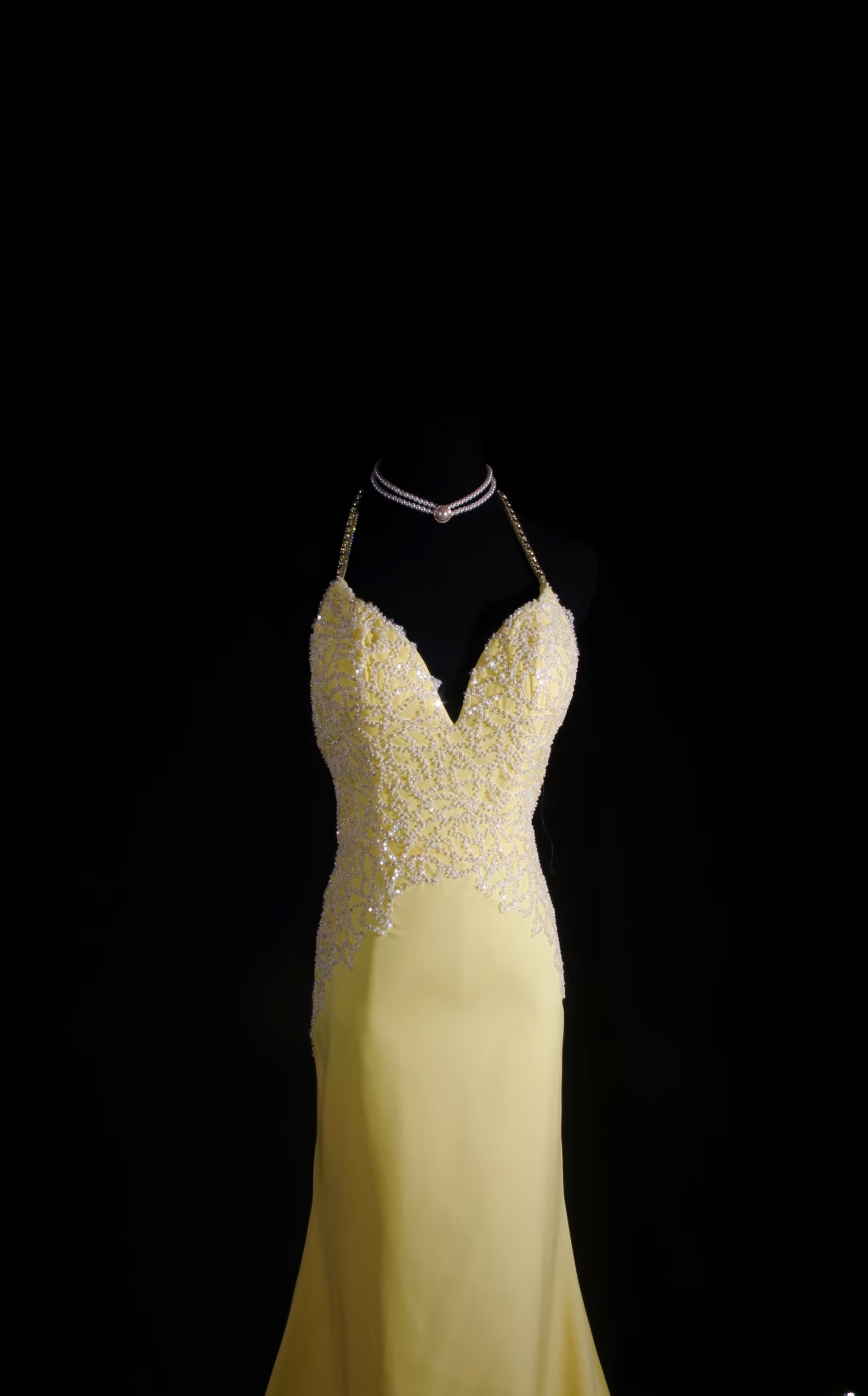Robe de bal rétro sirène à bretelles spaghetti jaune dos nu en mousseline style vintage, robe de soirée longue AU020