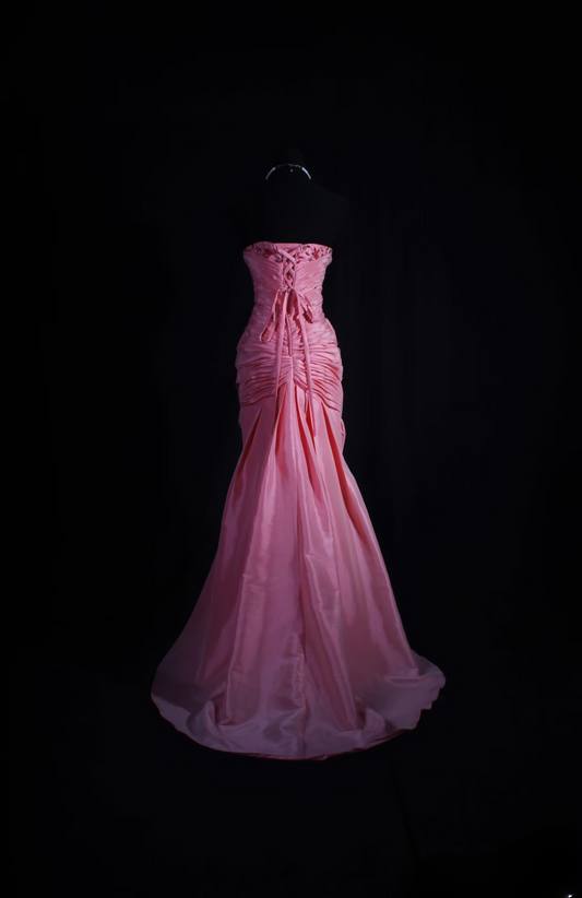 Retro Prom Dresses Mermaid Strapless Pink Organza With Beaded Vintage Long Prom Dresses Party Gowns AU023