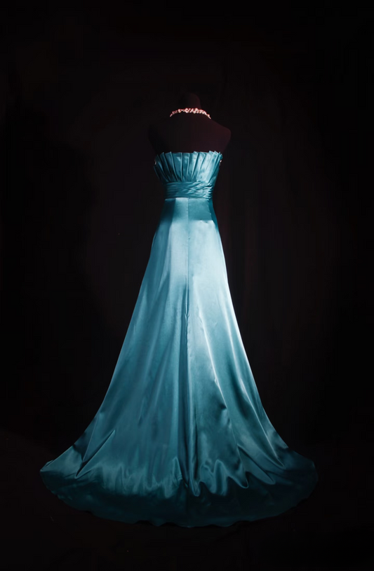 Retro Prom Dresses A Line Blue Strapless 80s With Pleated Satin Vintage Fashion Long Prom Dresses Party Gowns AU025