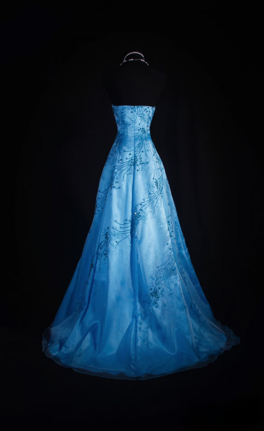 Retro Prom Dresses A Line Strapless Blue Tulle Beaded Vintage Fashion Long Prom Dresses Party Gowns AU026
