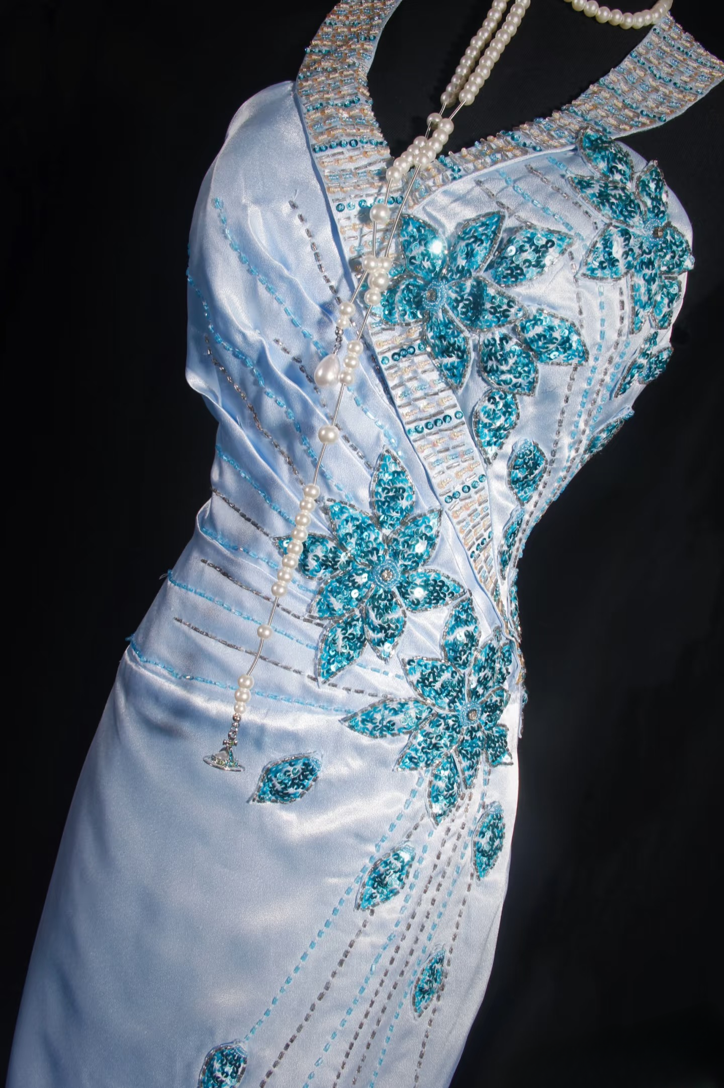 Robe de bal rétro sirène dos nu en satin bleu ornée de perles, style vintage, robe de soirée longue AU027