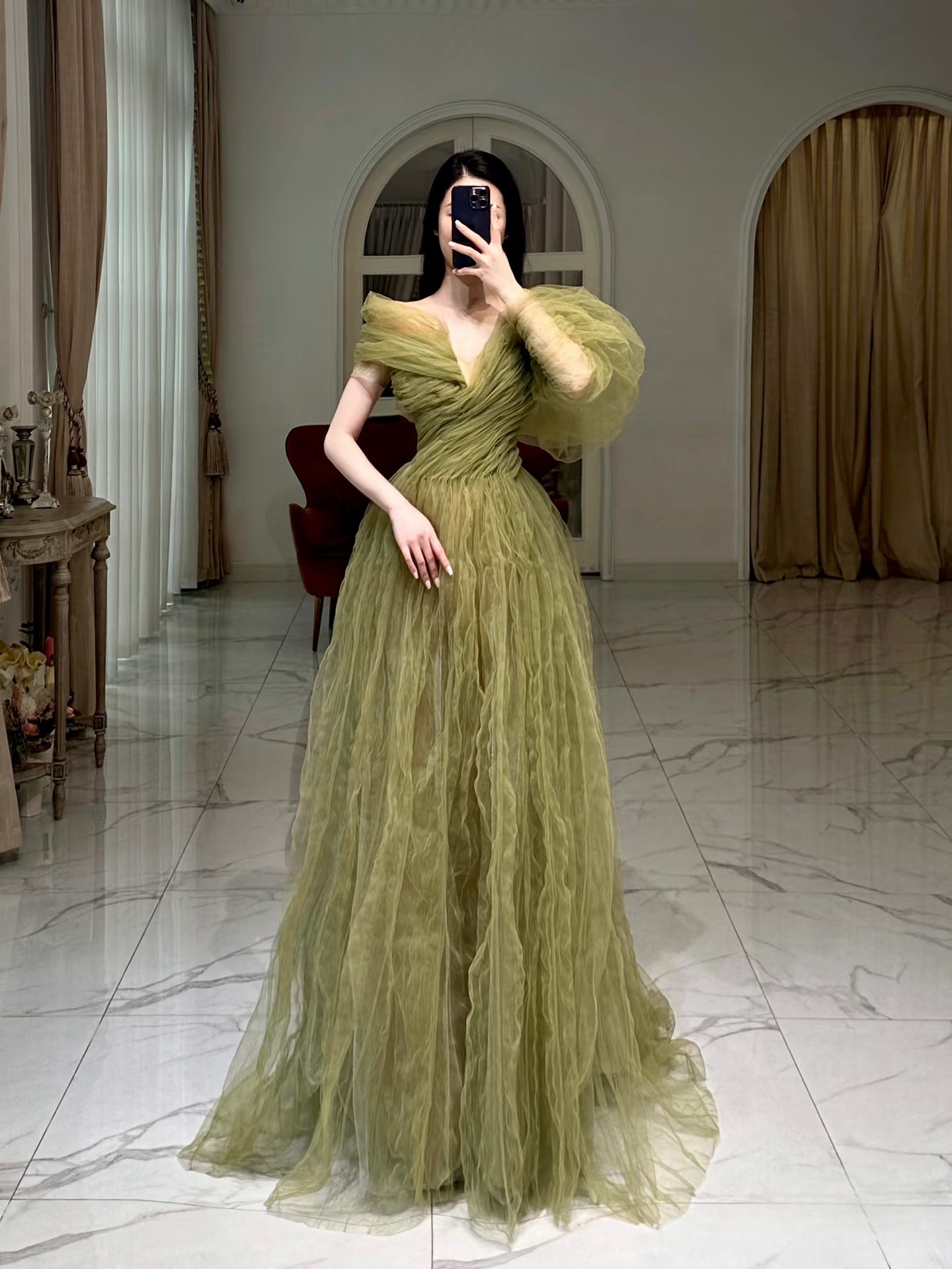 Sexy A-Linie, schulterfrei, grüner Tüll, bodenlang, atemberaubende Ballkleider, Inspiration, Ballkleid, Prinzessin, Abschlusskleid, AU028