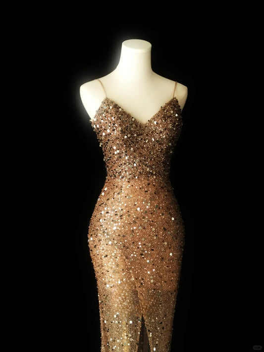 Stunning Mermaid Sweetheart Gold Sequin Long Prom Dresses Inspo Glitter Prom Gown DH2935
