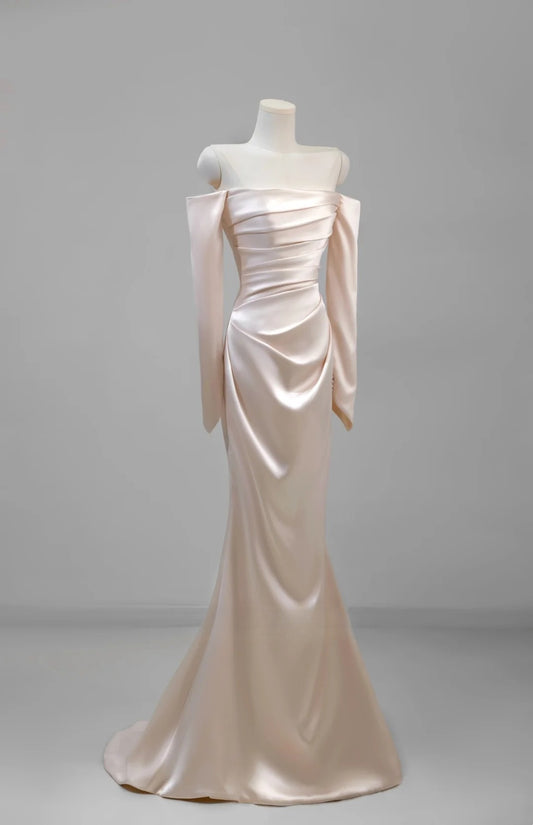 Charming Women's Mermaid Off The Shoulder Satin Light Pink With Long Sleeves Wedding Dresses AU030