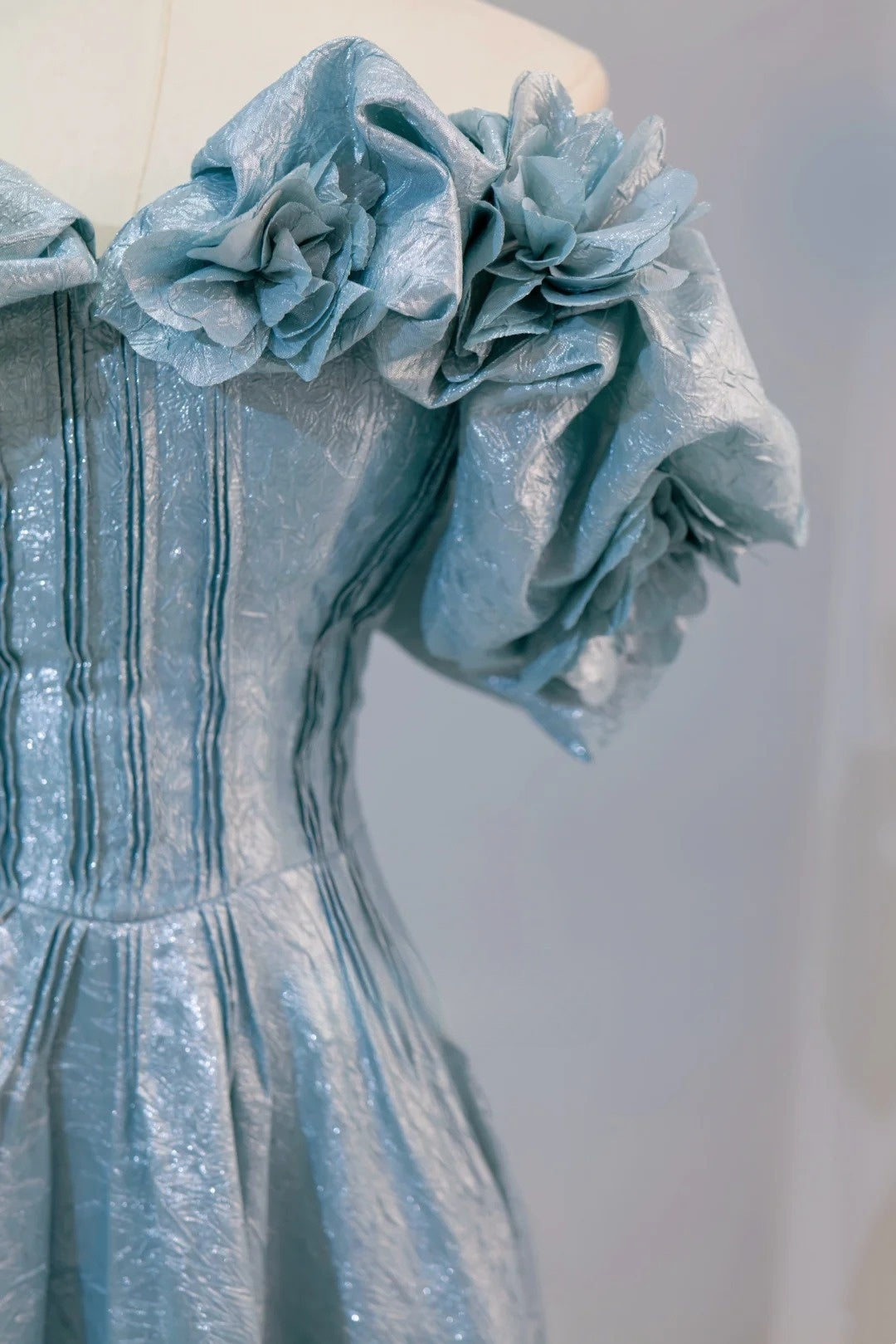 Robe de bal élégante, coupe trapèze, épaules dénudées, longueur au sol, bleue, tenue d'anniversaire, robe de bal, AU031