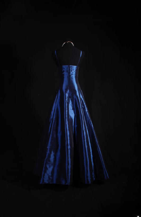 Retro Prom Dresses A Line Navy Blue Spaghetti Strap 80s With Appliqued Lace Satin Vintage Fashion Long Prom Dresses Party Gowns AU031