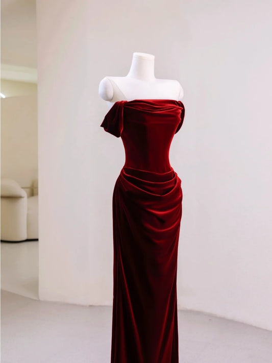 Modest Mermaid Off The Shoulder Burgundy Velvet Prom Dresses Long Party Dress Evening Outfits Graduation Dress AU035
