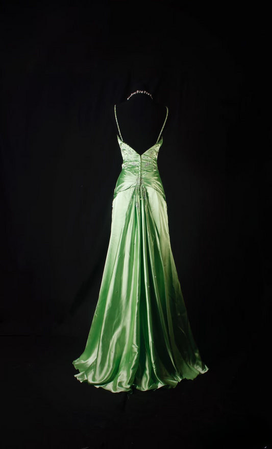 Robe de bal rétro sirène à fines bretelles années 80 avec fente ornée de perles argentées, en satin vert, style vintage, robe de soirée longue AU038