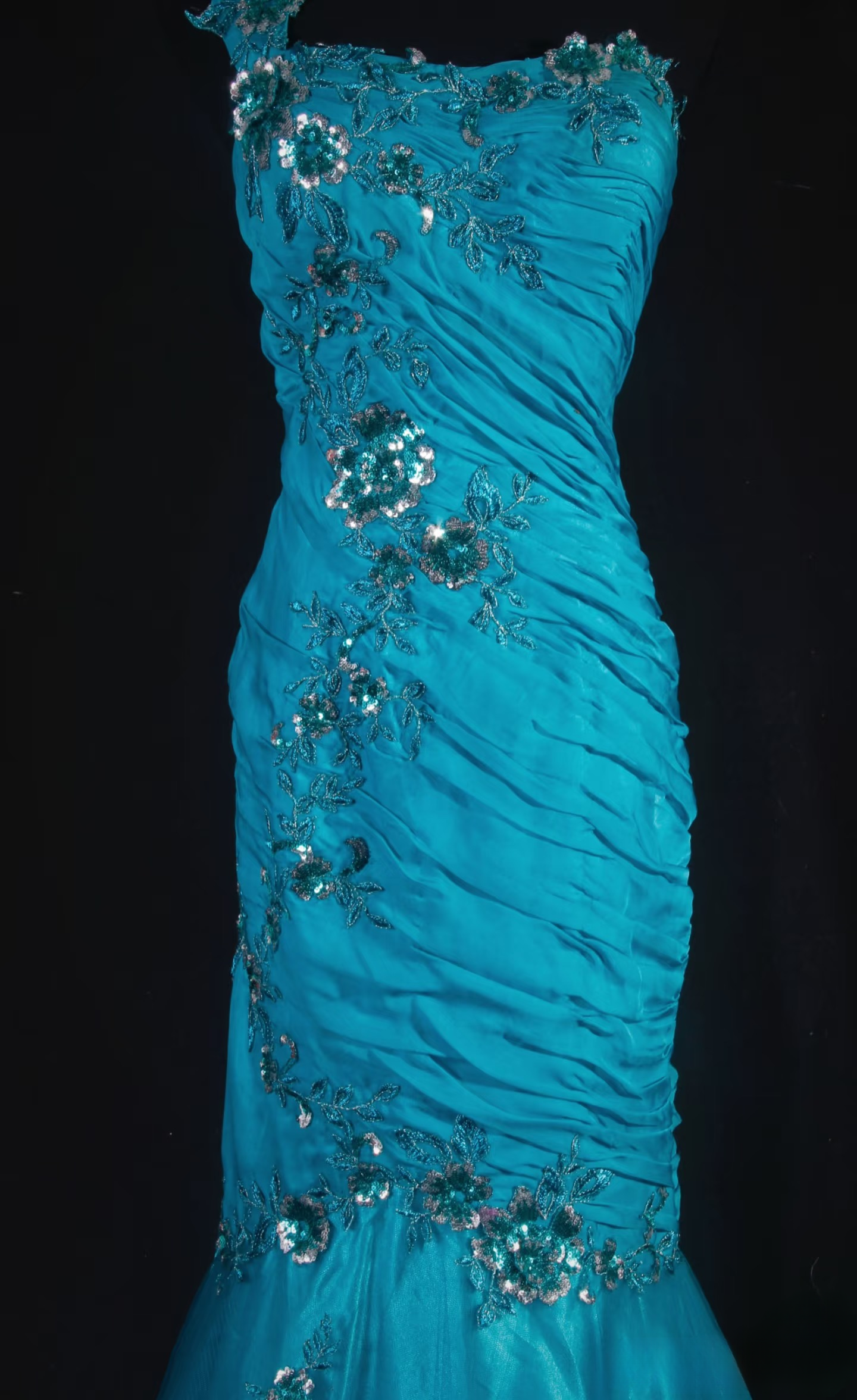 Robe de bal rétro sirène asymétrique bleue ornée de perles, style années 70-80, plissée, robe de soirée longue vintage AU043