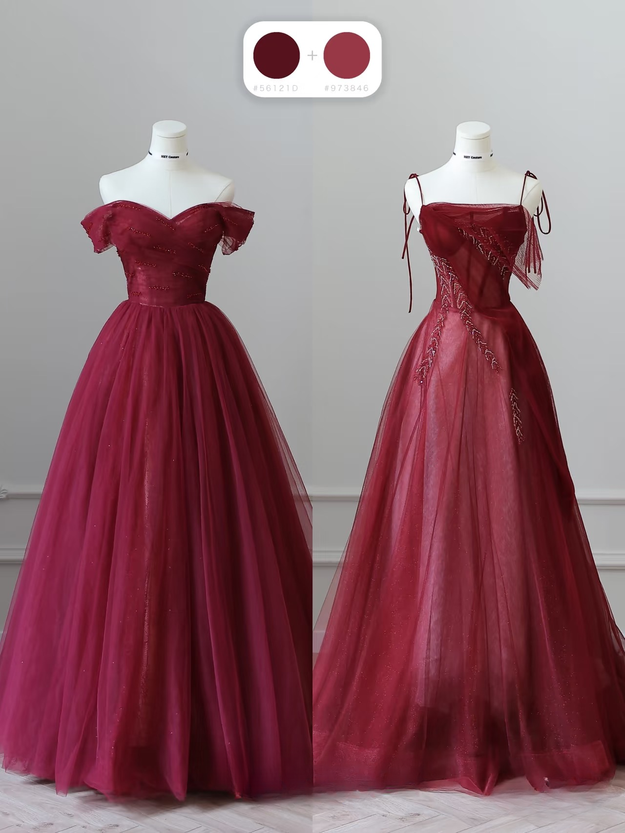 Elegantes Ballkleid mit Spaghettiträgern, burgunderrotem Tüll, bodenlang, tolle Inspirationsideen für Ballkleider, Abschlussballkleider, Abschlussballkleid AU051