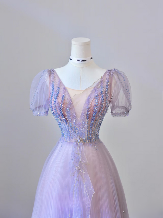 Classy A Line V Neck Tulle Lilac Long Prom Dresses Inspiration Trending Prom Gowns Formal Prom Dress AU063