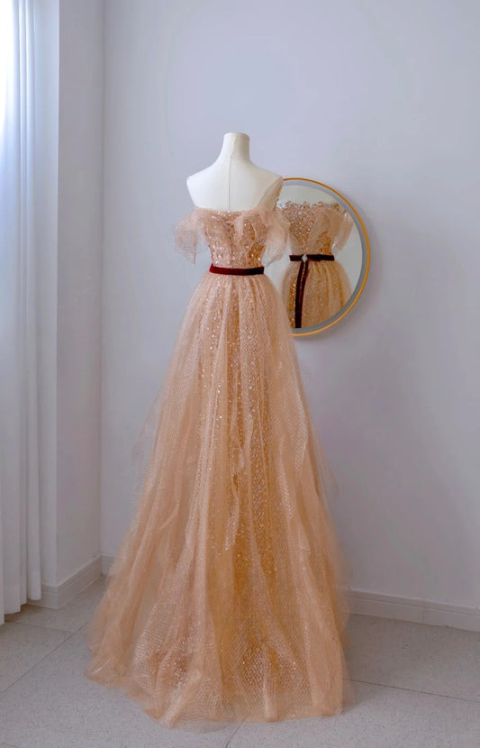 Edle A-Linie, schulterfrei, bodenlange Ballkleider mit goldenen Pailletten, formelle Kleidung, Geburtstags-Outfits, Abendkleid AU065