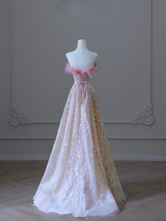 Classy A Line Strapless Sequin Pink Long Prom Dresses Inspiration Trending Prom Gowns Formal Prom Dress AU069