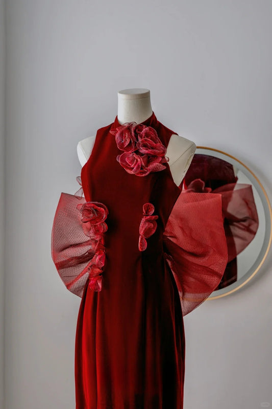 Classy Mermaid High Neck Burgundy Velvet Prom Dresses Formal Dress Birthday Outfits Prom Gown AU069