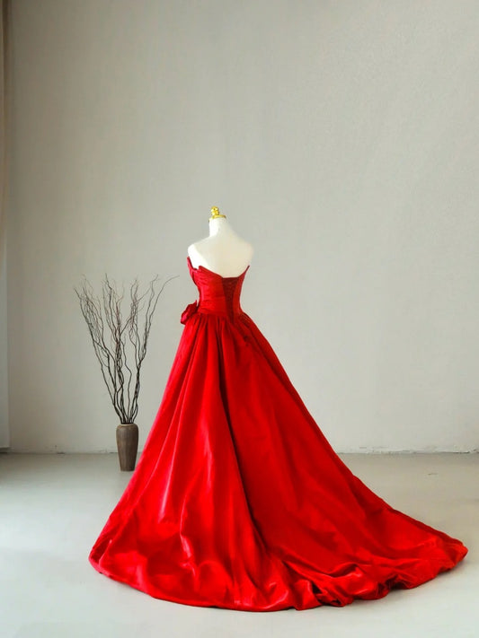 Charming Ball Gown Sweetheart Red Satin Long Prom Dresses Flower Prom Gowns AU071