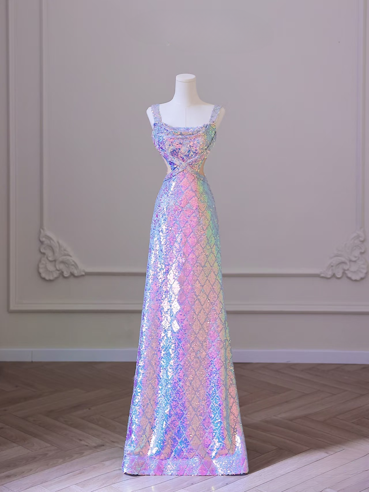 Elegant Mermaid Square Neck Sleeveless Sequin Long Floor Length Prom Dress Inspiration Prom Dresses AU073