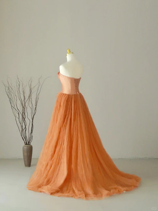 Robe de bal charmante, bustier, en tulle, sans manches, robe de bal longue AU074