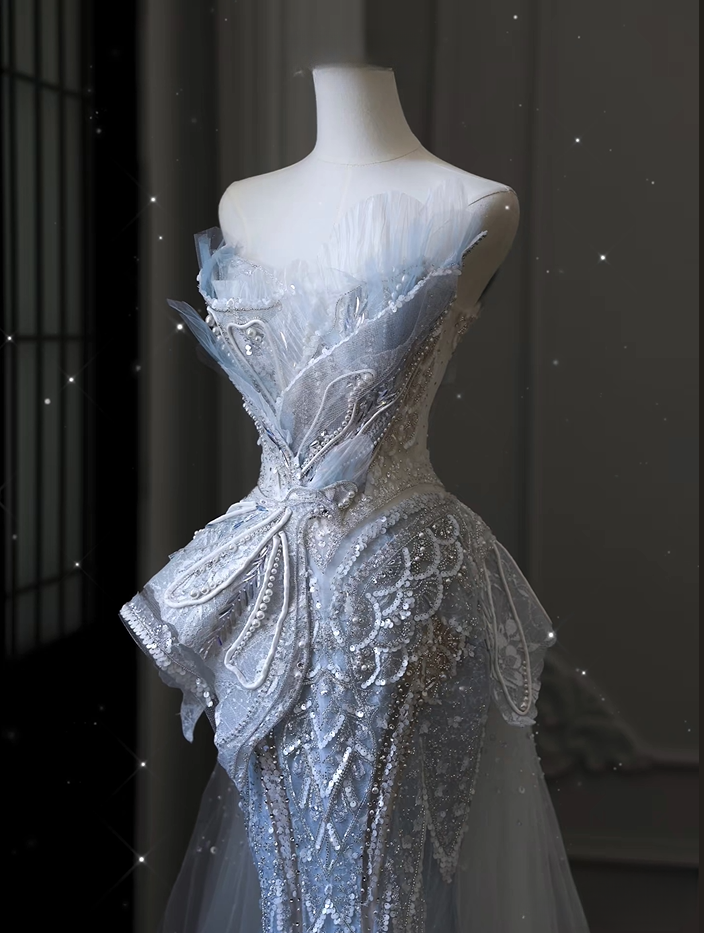 Dreamy Mermaid Sweetheart Light Sky Blue Sequin Lace Long Wedding Dress Fairy Formal Wedding Dresses AU079
