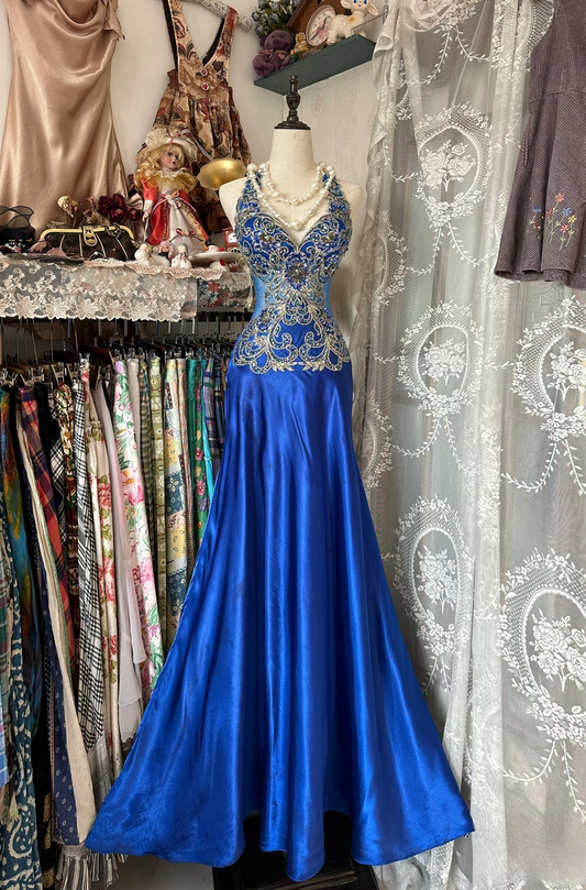 Vintage Prom Dresses 1950s Retro Classy Mermaid Halter Royal Blue Long Party Dress With Beads Evening Dresses AU079