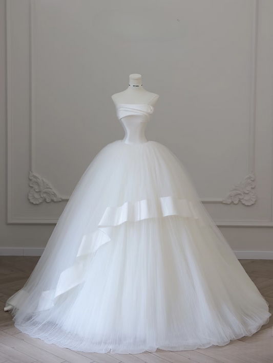 Dreamy Ball Gown Strapless Satin Tulle With Bow-knot White Long Wedding Dress Fairy Formal Wedding Dresses AU084