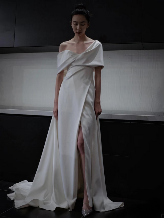 Dreamy A line Off The Shoulder Satin White Short Sleeves Wedding Dress Fairy Formal Wedding Dresses AU088