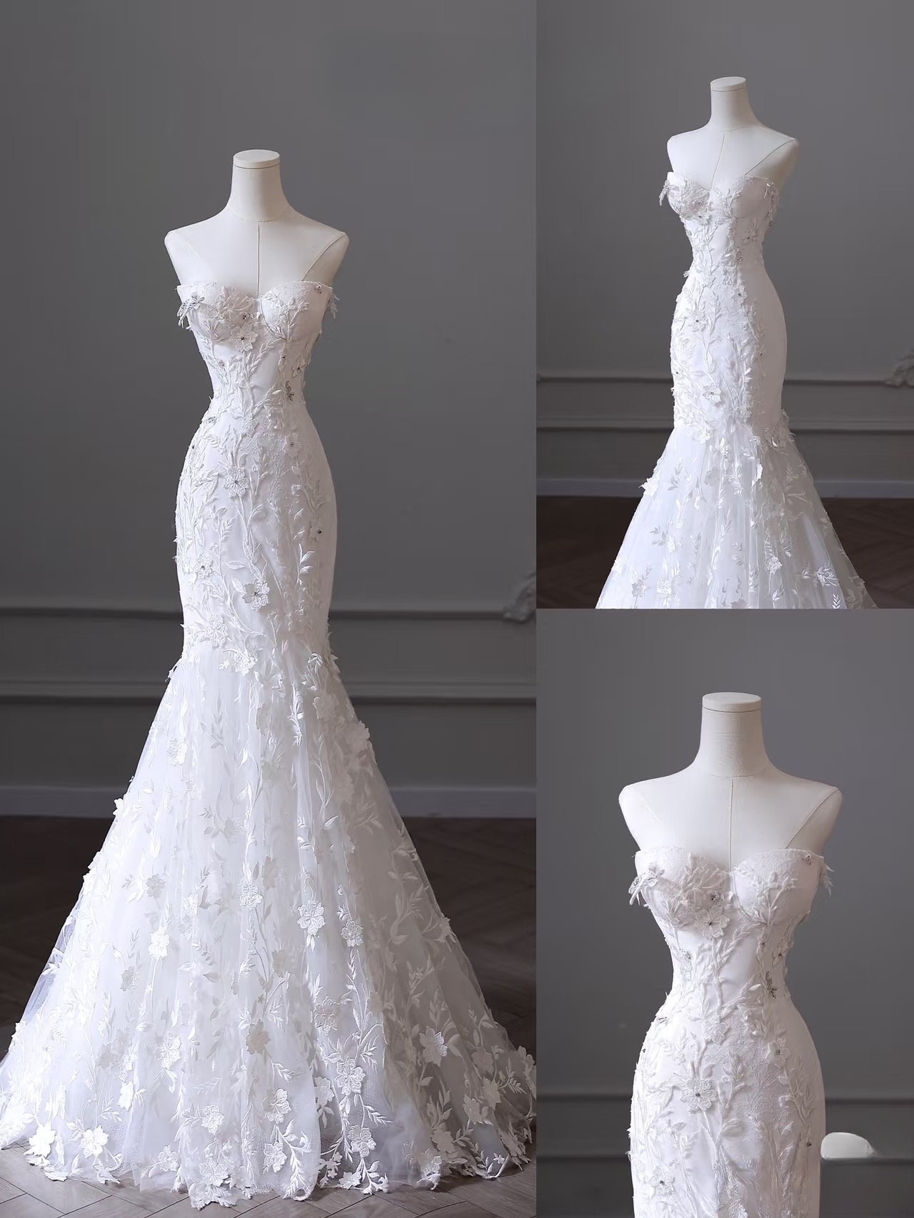Vintage Meerjungfrau Schatz Weiß Spitze Langes Brautkleid Fee Formale Brautkleider AU107